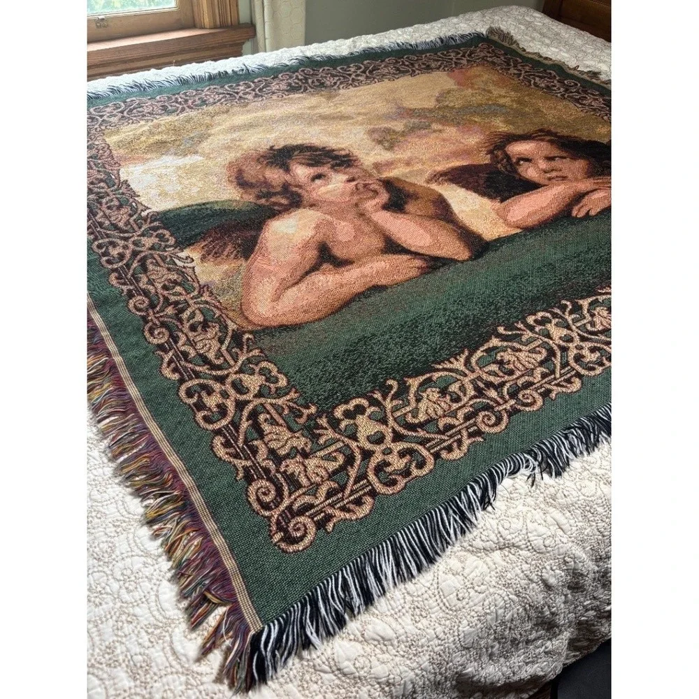 Vintage Raphael Cherub Woven Tapestry Throw Blanket Multicolor Fringed EUC